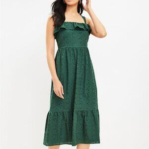Eyelet Ruffle Square Neck Midi Dress